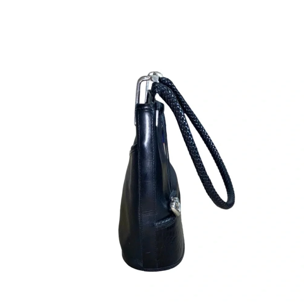 Brighton VTG 90s Y2K Gina Black Pebbled & Croc Embossed Trim Leather Hobo Purse